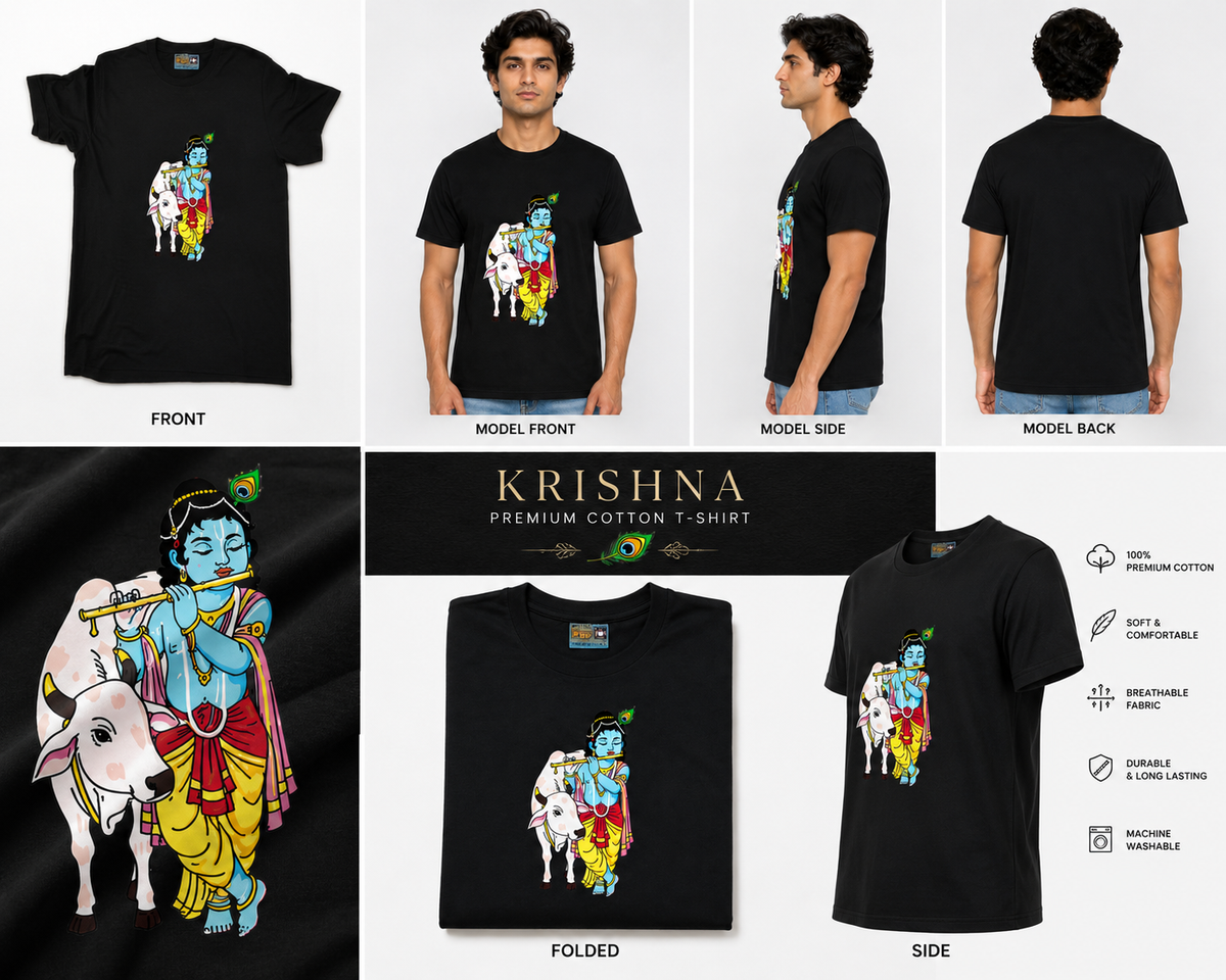 Black Round Tshirt Krishna Print - Black - Image 6