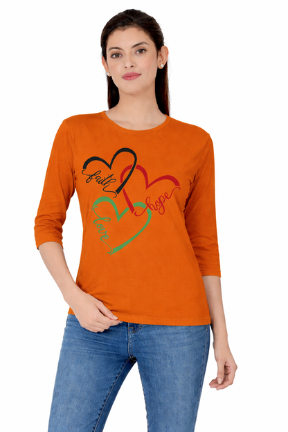 Women 3QTR Sleeves Printed T-Shirts 170GSM Red Label 100% Cotton Yarn with Bio Wash Yellow, White, Blue, Orange - Orange - Image 1