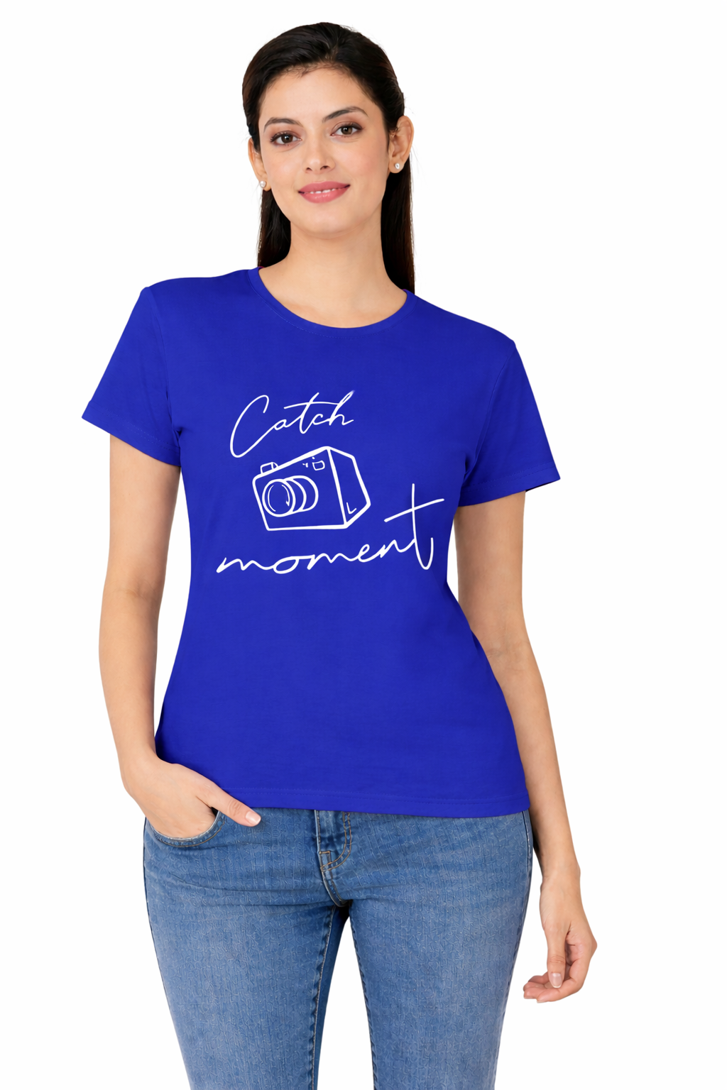 Women half Sleeves Printed T-Shirts 170GSM Red Label 100% Cotton Yarn with Bio Wash Yellow, White, Blue, Orange another - Blue - Image 1
