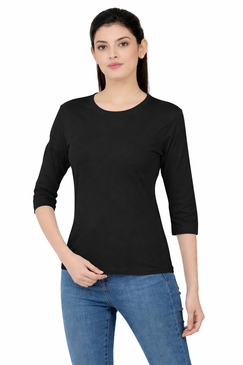 Women 3QTR Sleeves non-Printed T-Shirts 170GSM Red Label 100% Cotton Yarn with Bio Wash Black, Yellow, White, Blue, Orange - Black - Image 1