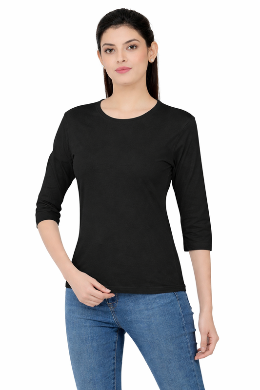 Women 3QTR Sleeves non-Printed T-Shirts 170GSM Red Label 100% Cotton Yarn with Bio Wash Black, Yellow, White, Blue, Orange - Black - Image 1