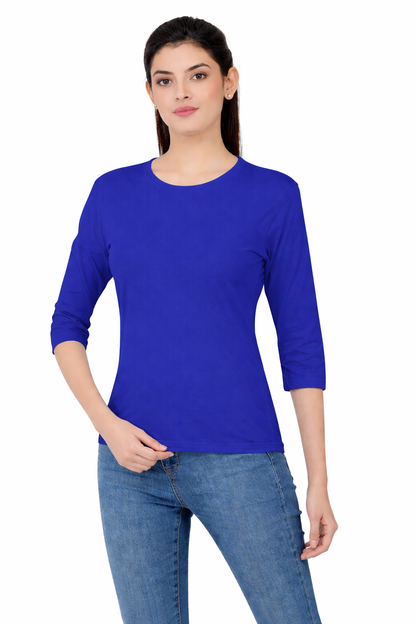 Women 3QTR Sleeves non-Printed T-Shirts 170GSM Red Label 100% Cotton Yarn with Bio Wash Black, Yellow, White, Blue, Orange - Blue - Image 1