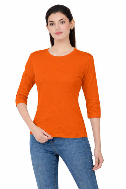 Women 3QTR Sleeves non-Printed T-Shirts 170GSM Red Label 100% Cotton Yarn with Bio Wash Black, Yellow, White, Blue, Orange - Orange - Image 1