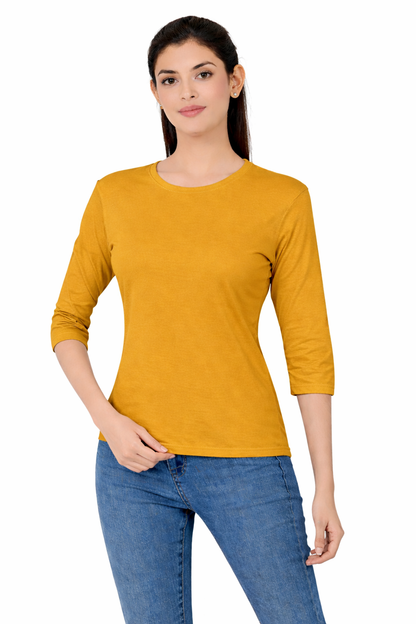 Women 3QTR Sleeves non-Printed T-Shirts 170GSM Red Label 100% Cotton Yarn with Bio Wash Black, Yellow, White, Blue, Orange - Yellow - Image 1