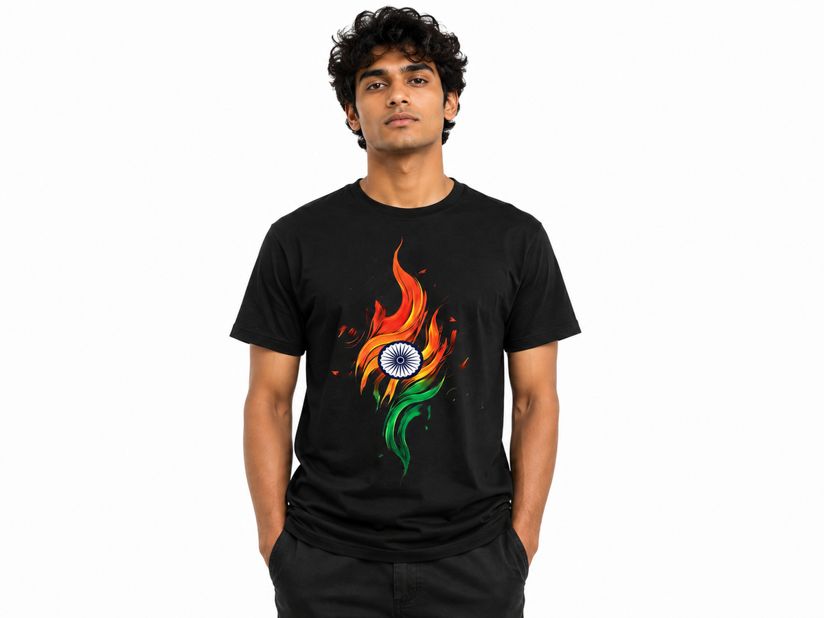 Black Round Tshirt IndianFlag Print - Black - Image 2