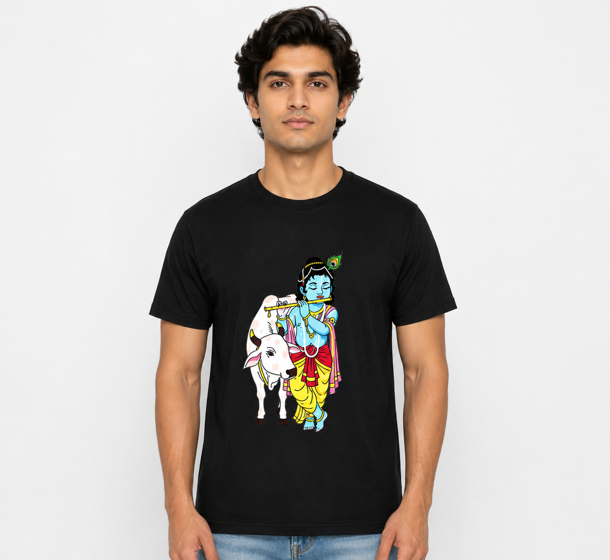 Black Round Tshirt Krishna Print - Black - Image 2
