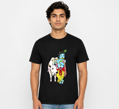 Black Round Tshirt Krishna Print - Black - Image 2