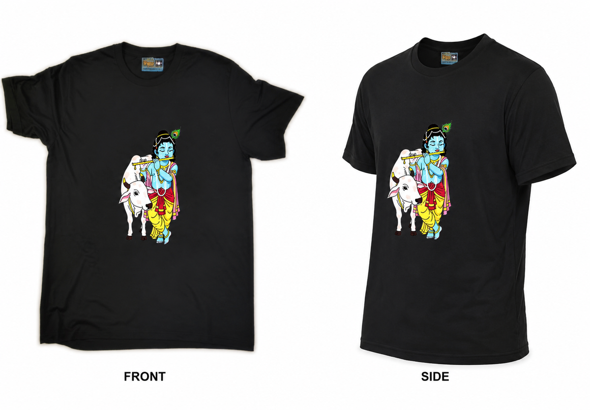 Black Round Tshirt Krishna Print - Black - Image 3
