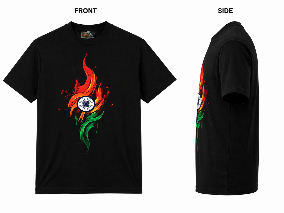 Black Round Tshirt IndianFlag Print - Black - Image 3