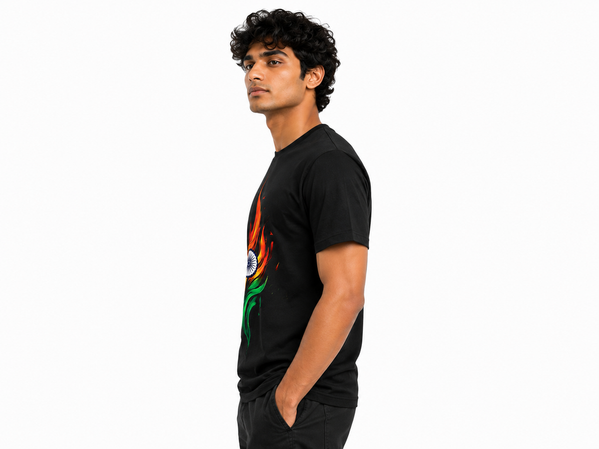 Black Round Tshirt IndianFlag Print - Black - Image 4
