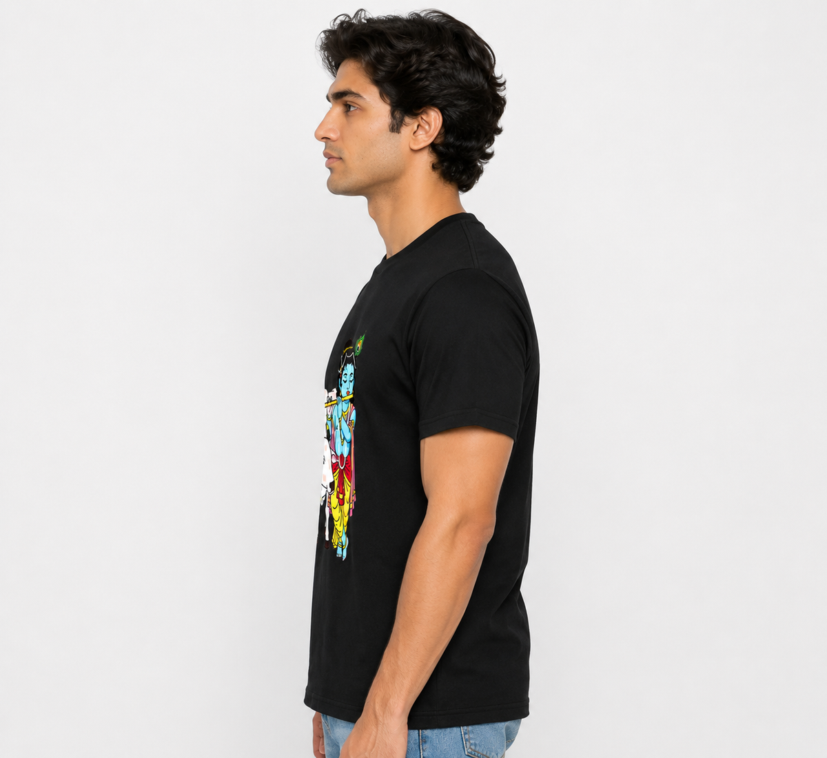 Black Round Tshirt Krishna Print - Black - Image 4