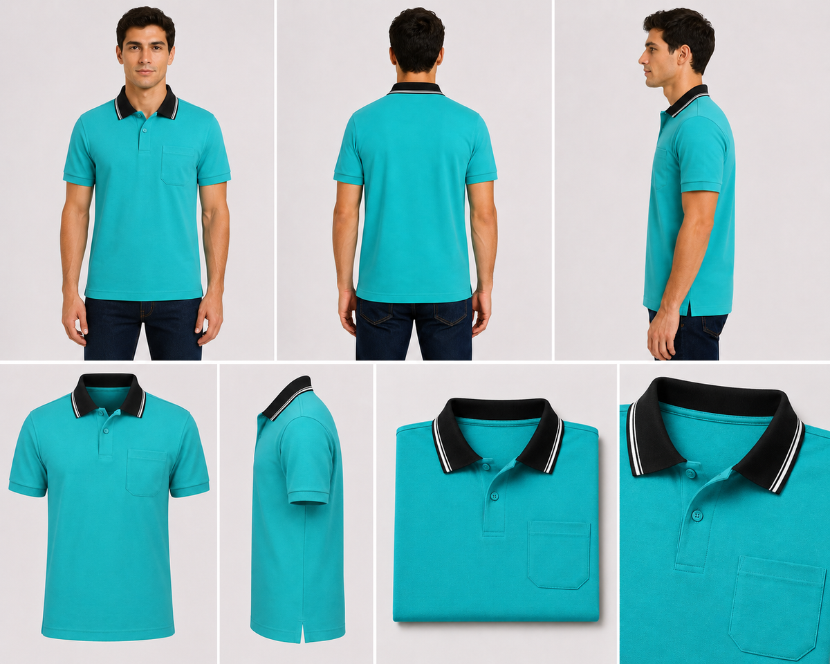 Blue Tshirt Black Collar Cotton - Blue - Image 5
