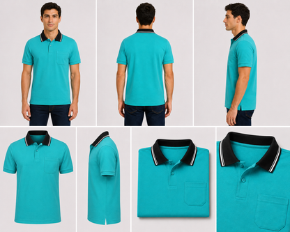 Blue Tshirt Black Collar Cotton - Blue - Image 5