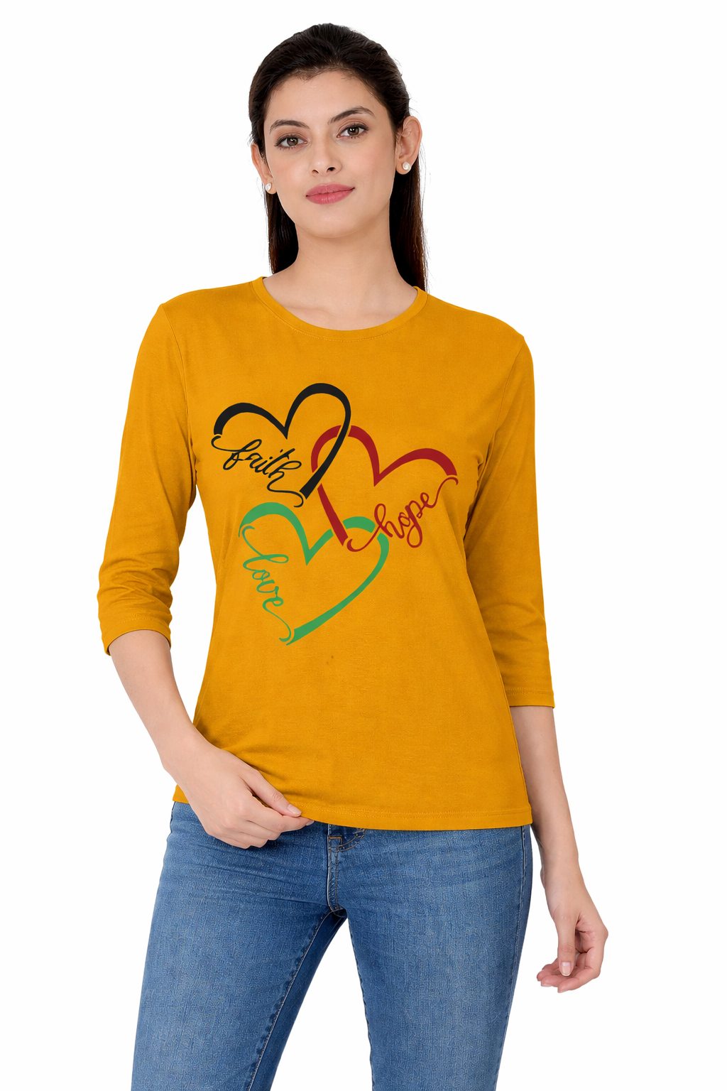 Women 3QTR Sleeves Printed T-Shirts 170GSM Red Label 100% Cotton Yarn with Bio Wash Yellow, White, Blue, Orange - Yellow - Image 1