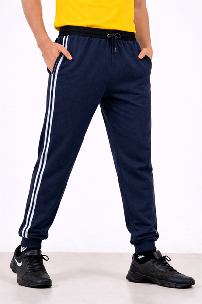 Mens Lower Double Stripe Polycotton 65% Cotton 35% Polyester Loopknit 230GSM - Dark Blue - Image 1