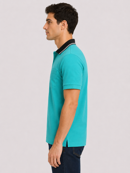 Blue Tshirt Black Collar Cotton - Blue - Image 3