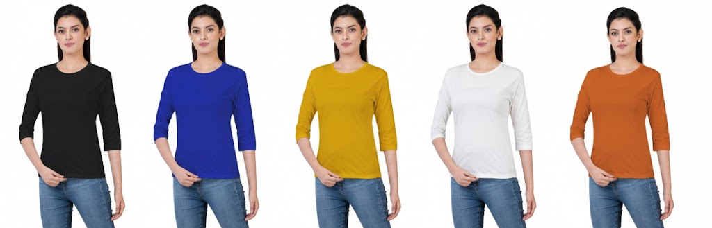 Women 3QTR Sleeves non-Printed T-Shirts 170GSM Red Label 100% Cotton Yarn with Bio Wash Black, Yellow, White, Blue, Orange - Black - Image 2