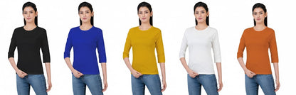 Women 3QTR Sleeves non-Printed T-Shirts 170GSM Red Label 100% Cotton Yarn with Bio Wash Black, Yellow, White, Blue, Orange - Black - Image 2