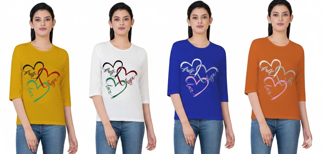 Women 3QTR Sleeves Printed T-Shirts 170GSM Red Label 100% Cotton Yarn with Bio Wash Yellow, White, Blue, Orange - Blue - Image 2